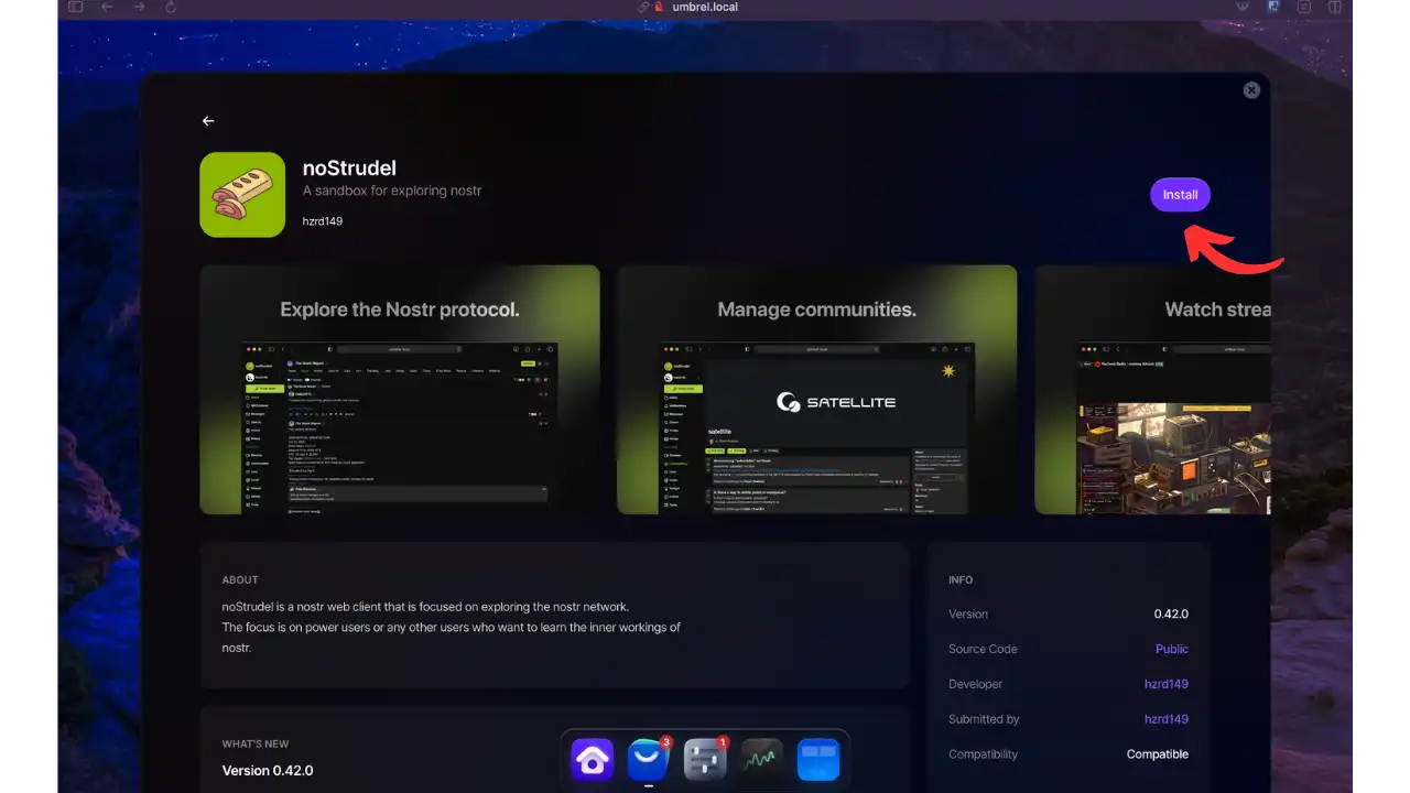 Page d'installation de noStrudel sur l'App Store Umbrel