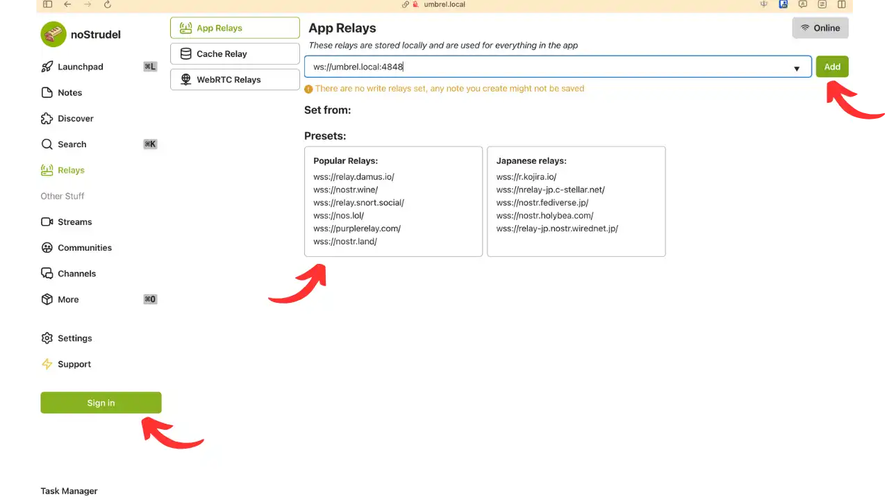 Page de configuration des relais dans noStrudel