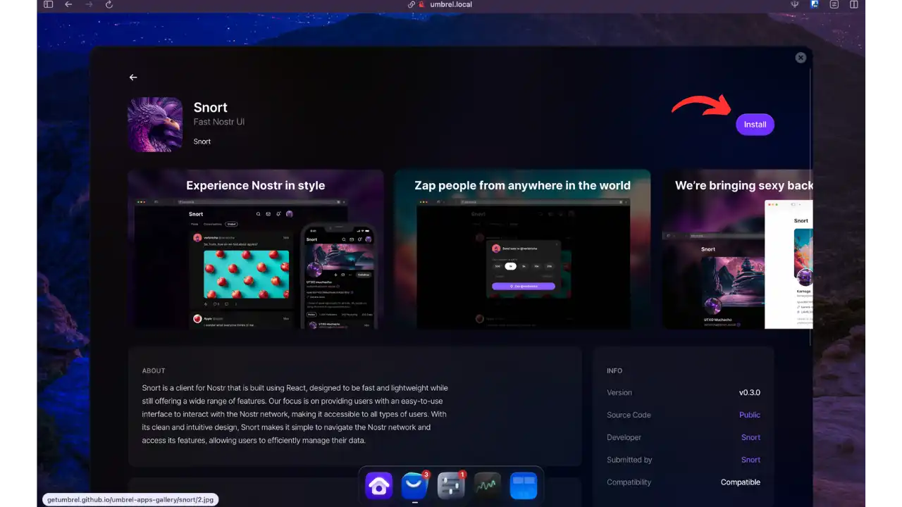 Page d'installation de Snort sur l'App Store Umbrel