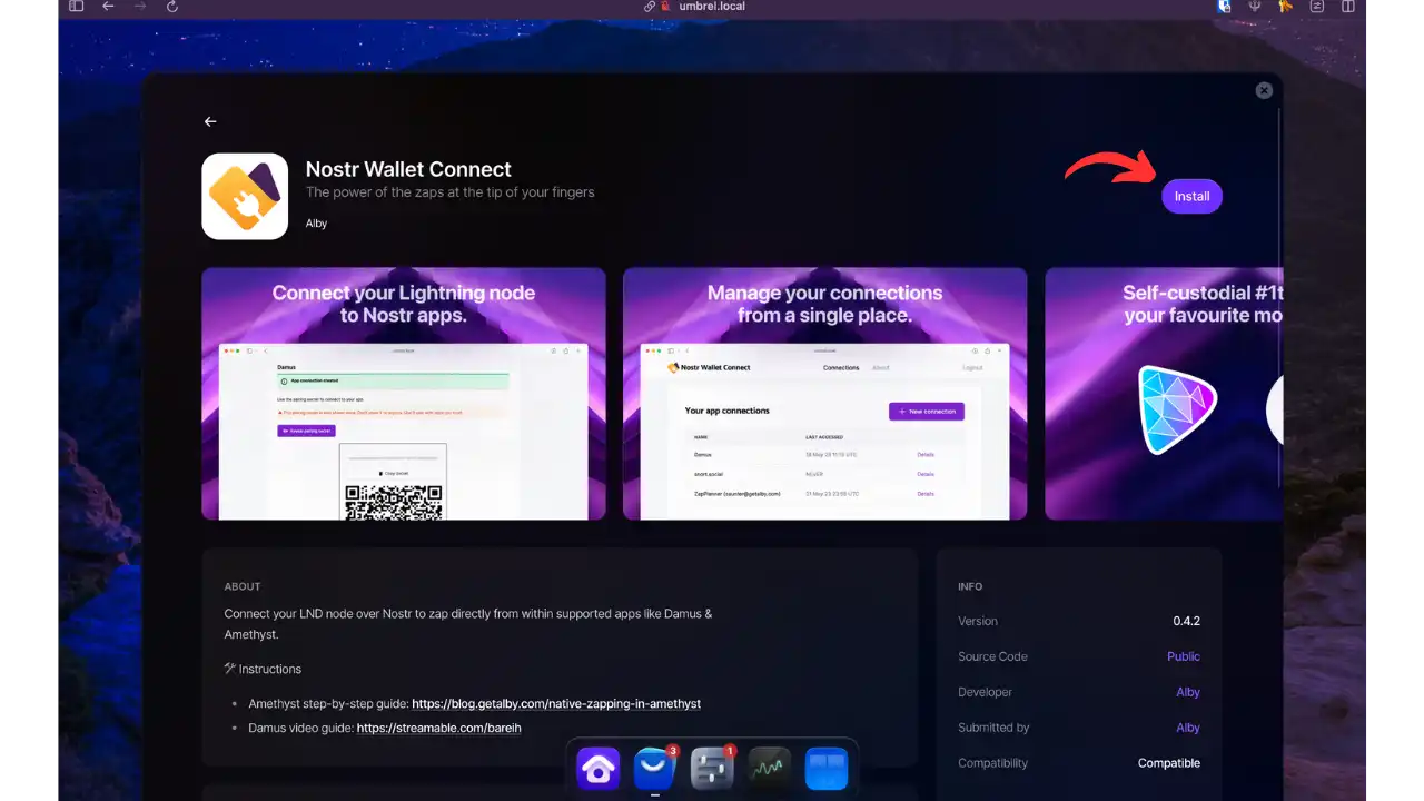 Page d'installation de Nostr Wallet Connect sur l'App Store Umbrel